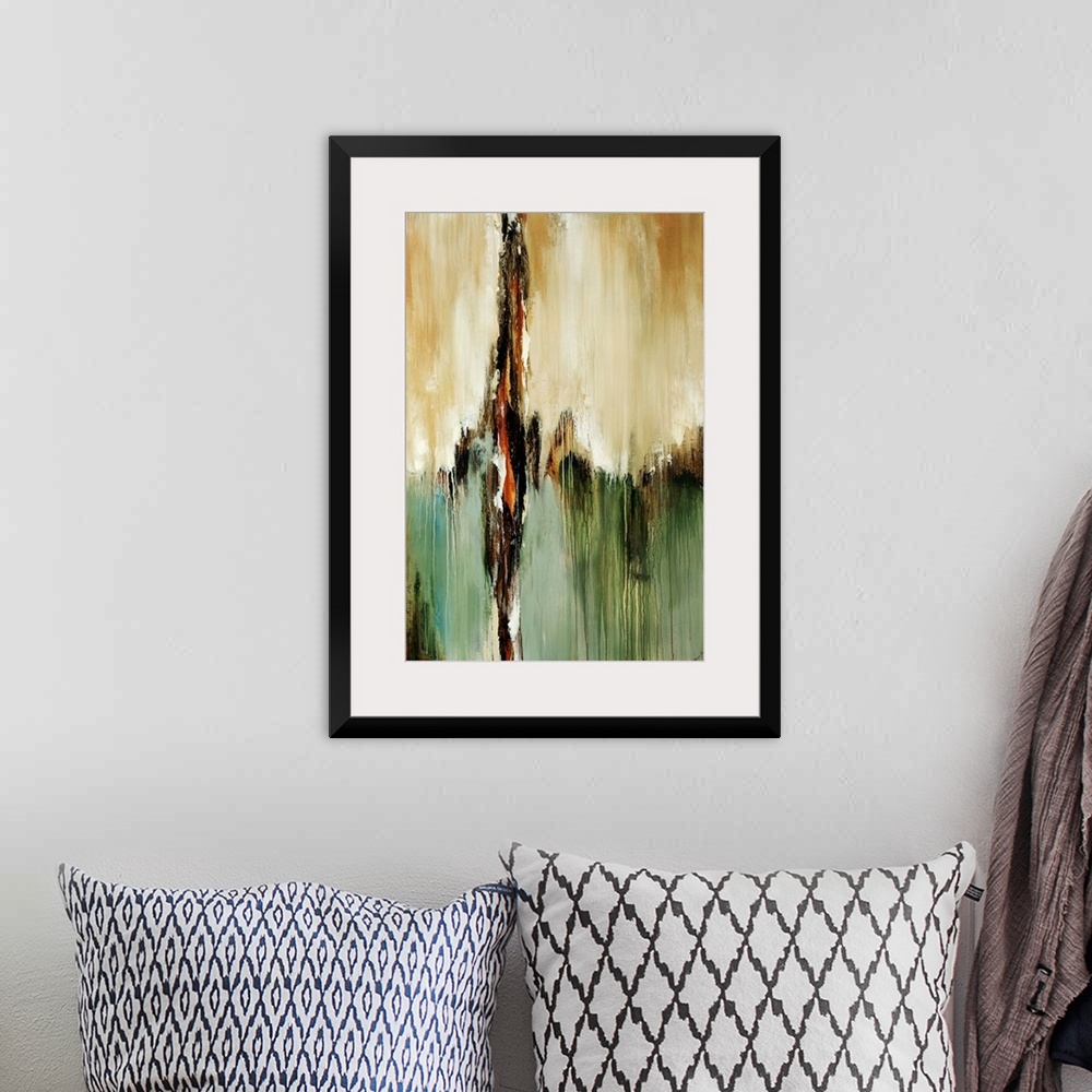 A bohemian room featuring Vertical abstract wall art of paint dripping downward on canvas.