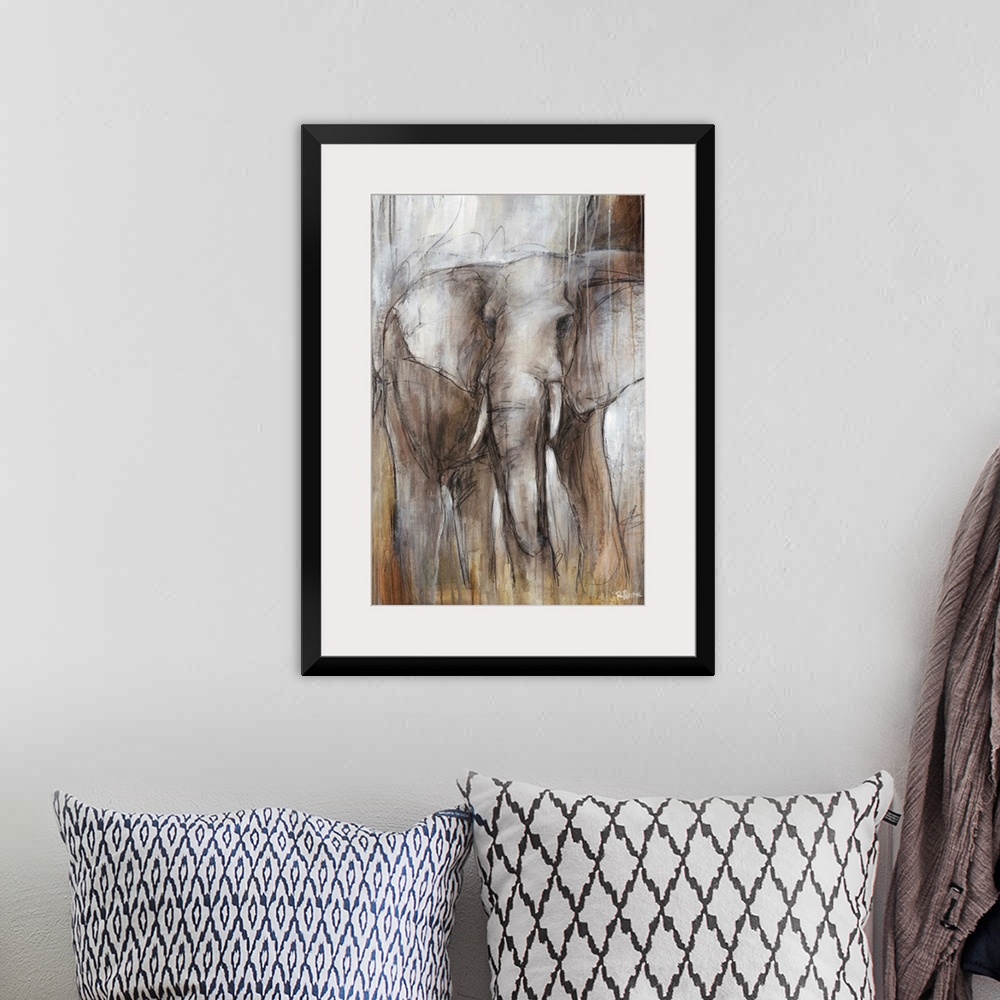 A bohemian room featuring Illustrative painting of an elephant done in varying shades of grayish-brown.
