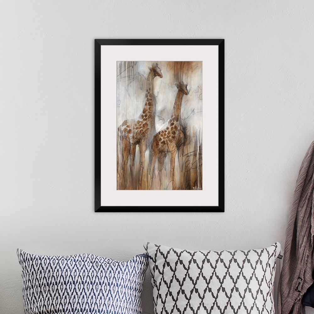 A bohemian room featuring Illustrative painting of two giraffes done in varying shades of grayish-brown.