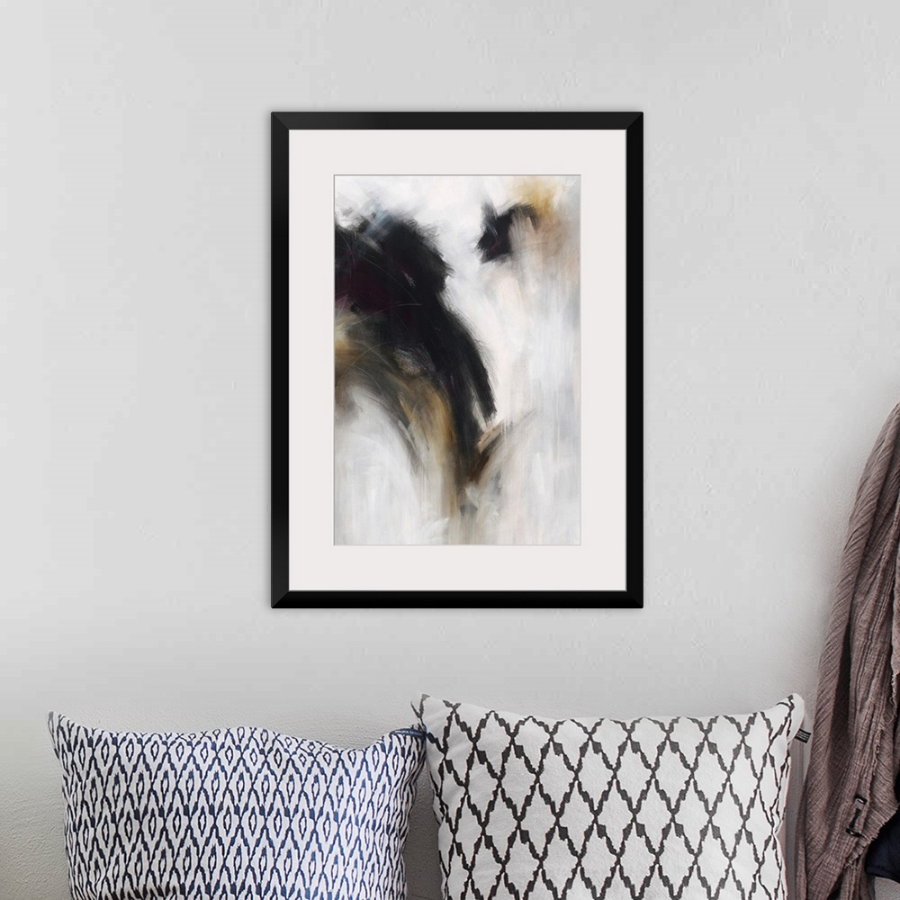 A bohemian room featuring Vertical abstract painting with dark black over bright grey.