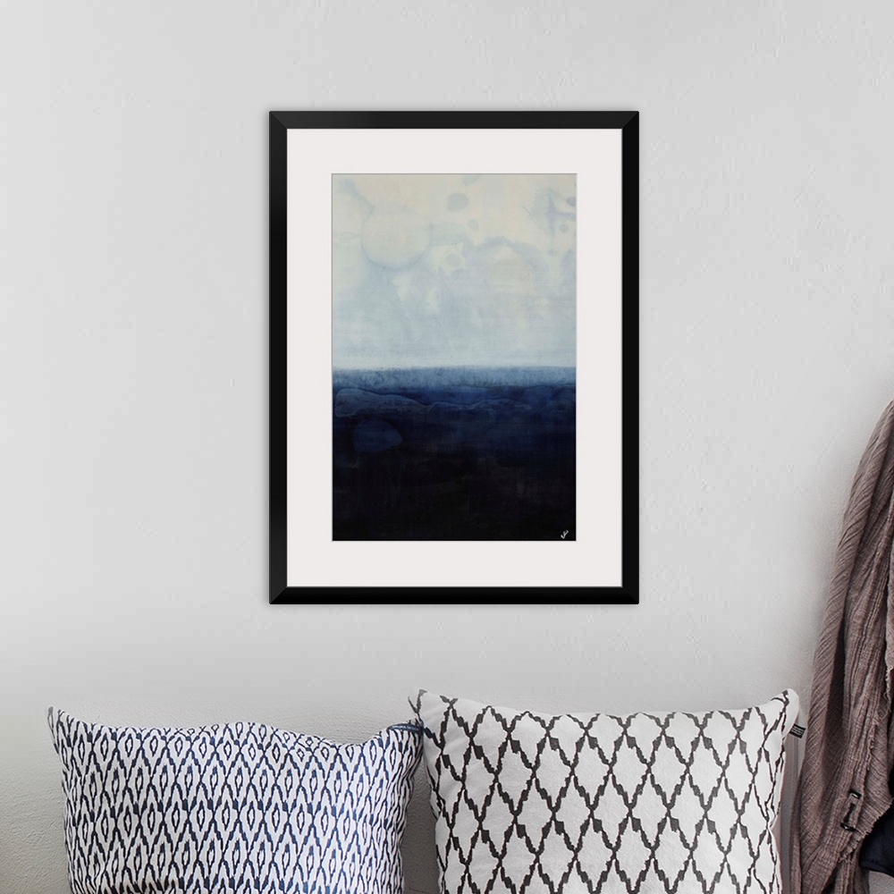A bohemian room featuring Simplistic abstracted seascape of a field of gray-blue overtop a field of navy.