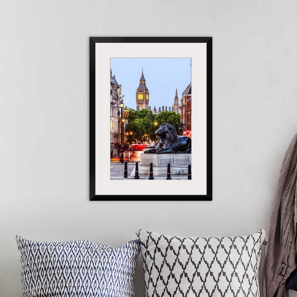 A bohemian room featuring Photograph of Trafalgar Square with the iconic Trafalgar Lions in the foreground and Big Ben in t...