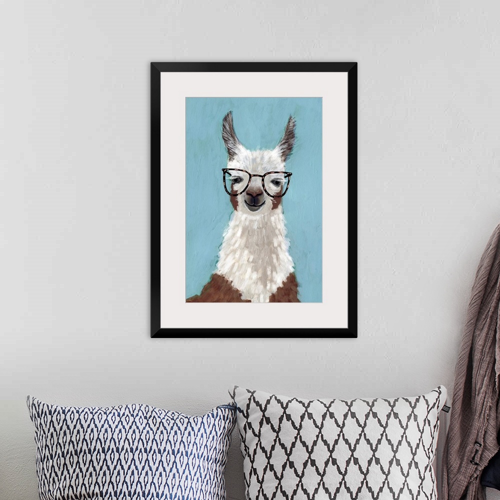 A bohemian room featuring One painting in a series of hipster llamas with goofy grins wearing eye glasses.