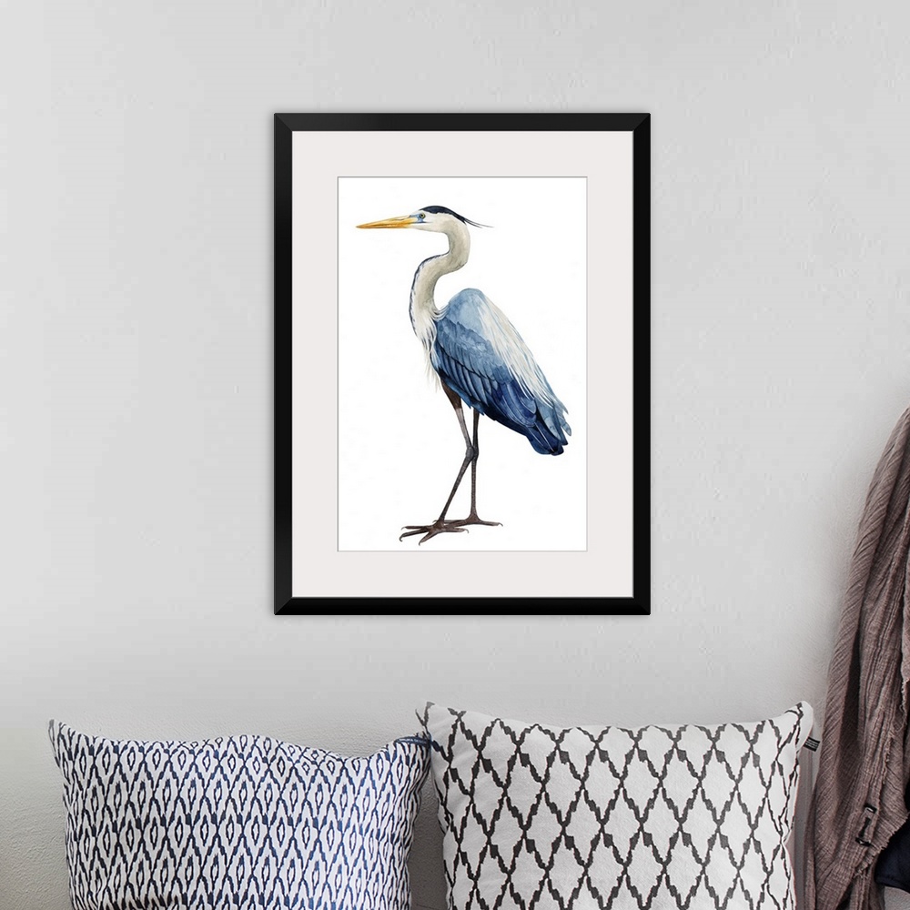 A bohemian room featuring Modern illustration of a great blue heron on a white background.