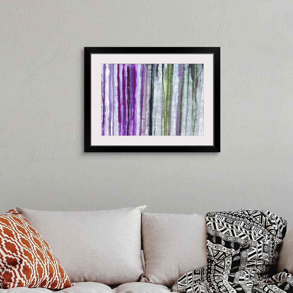 A bohemian room featuring Contemporary abstract artwork of vertical paint strokes in shades of purple and grey.