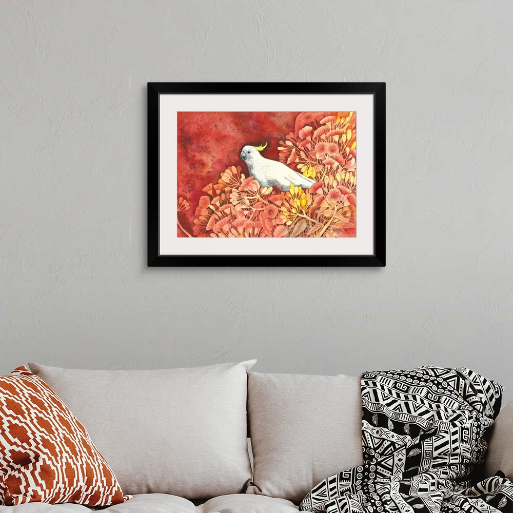A bohemian room featuring A smart cockatoo bird painted on the red hot floral background in watercolor on paper.