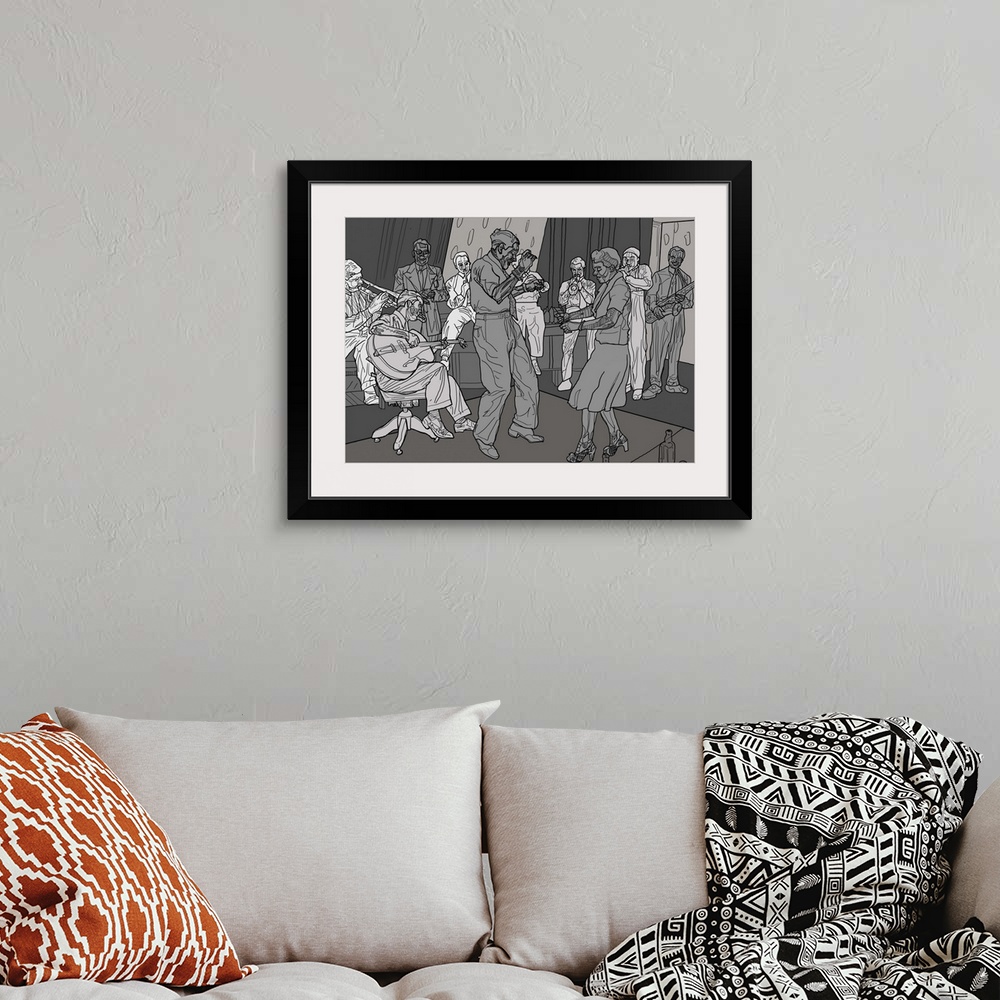 A bohemian room featuring Illustration of 1930's human and robotic jazz dancers and band.
