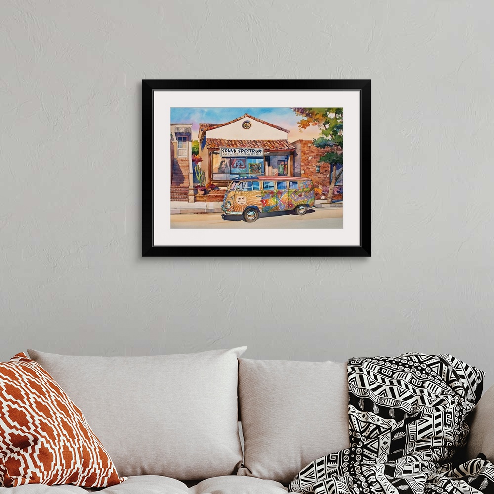 A bohemian room featuring Watercolor painting of a painted VW Bus parked in front of Sound Spectrum music and memorabilia s...