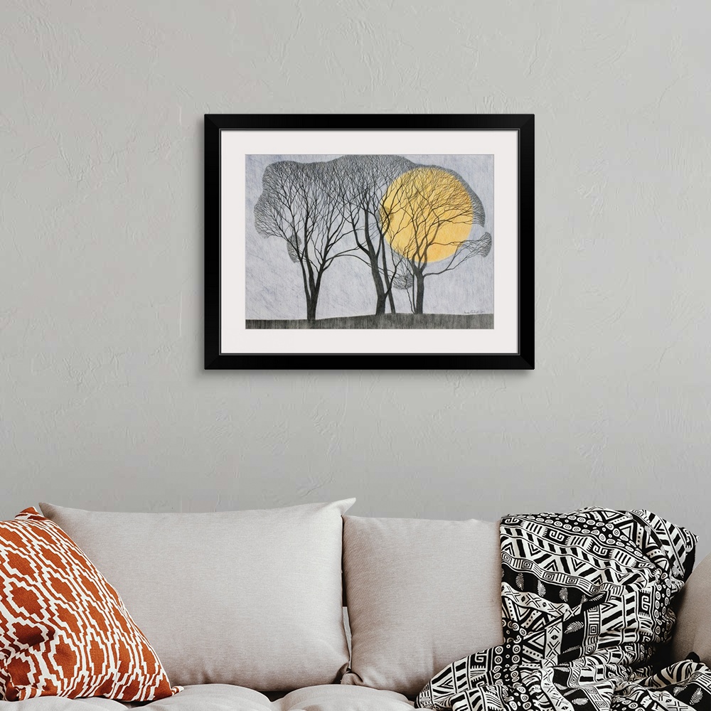 A bohemian room featuring Fine-tip drawing of bare branch trees enveloping a giant moon.