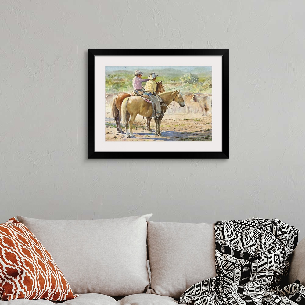 A bohemian room featuring "Splitting the herd" is a watercolor of an actual roundup in California. The history is sketchy b...