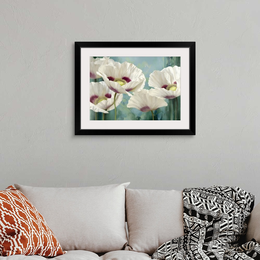 A bohemian room featuring Contemporary painting of flower blossoms on an abstract background.