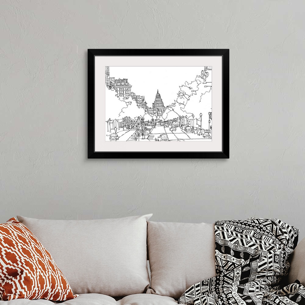 A bohemian room featuring Black and white cityscape illustration of Washington DC.