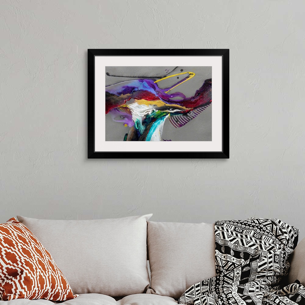 A bohemian room featuring Abstract modern art featuring colored thick and thin line streaks on a neutral background.