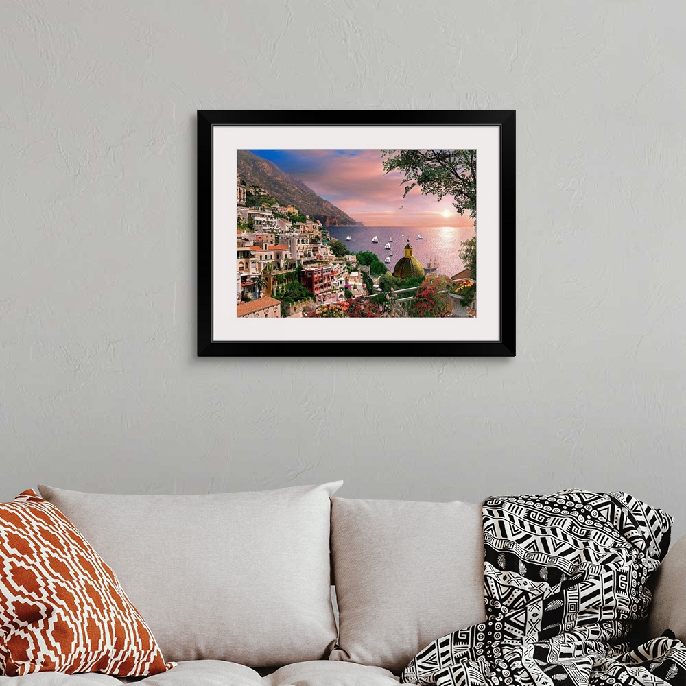 A bohemian room featuring Photograph of village commune off the Amalfi Coast in Campania, Italy overlooking an ocean sunset...