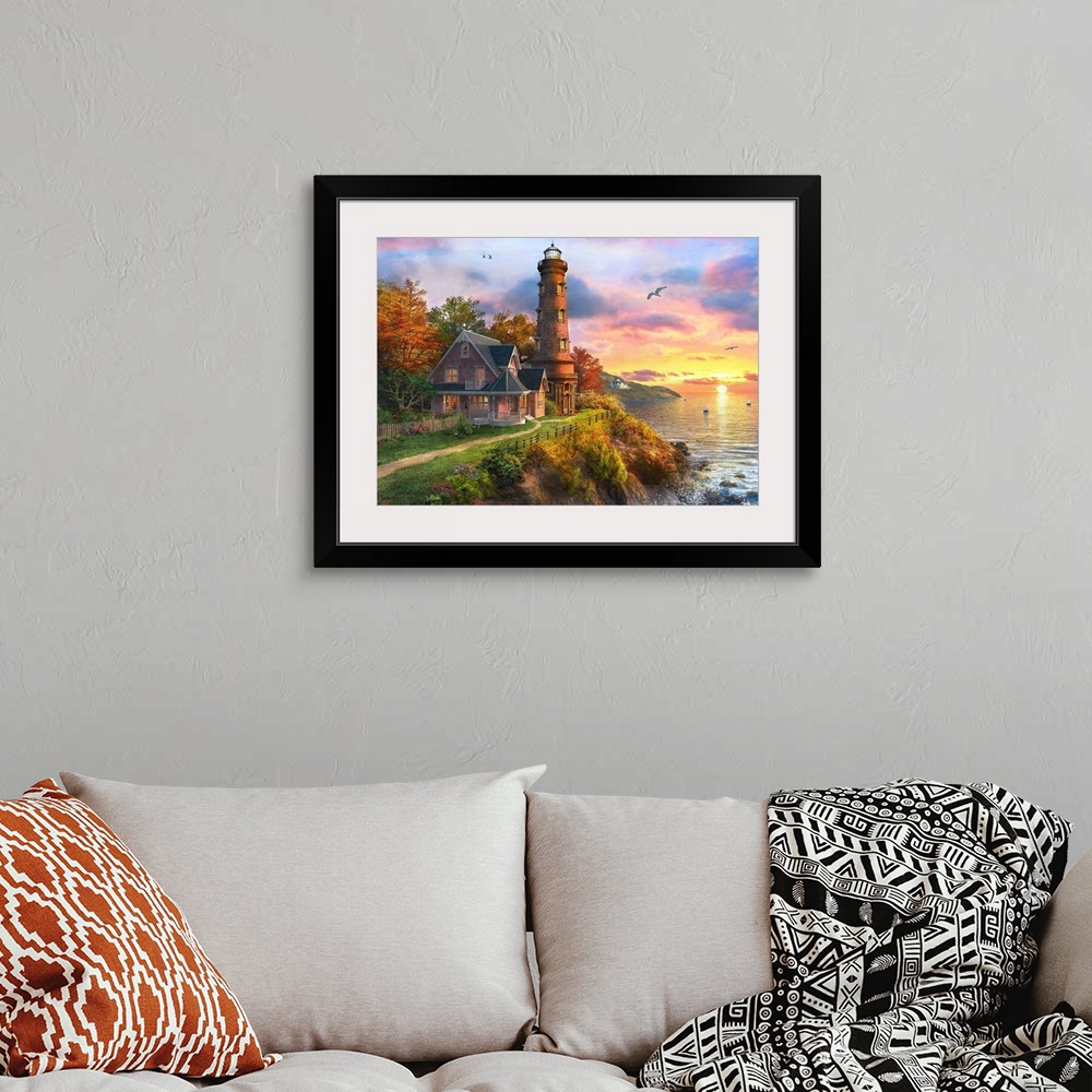 A bohemian room featuring Illustration of the lighthouse overlooking an ocean at sunset.