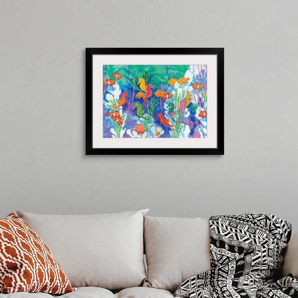 A bohemian room featuring Contemporary painting of an underwater scene with seahorses and tropical fish.
