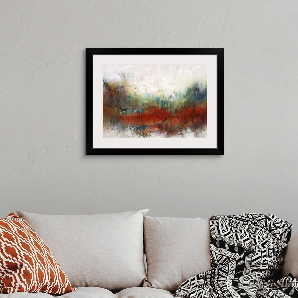 A bohemian room featuring Abstract art of a horizontal rainbow of colors that are blended and overlapping on background res...