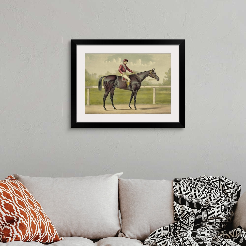 A bohemian room featuring Grand Racer Kingston by Spendthrift chromolithograph featuring a jockey mounted on a thoroughbred...