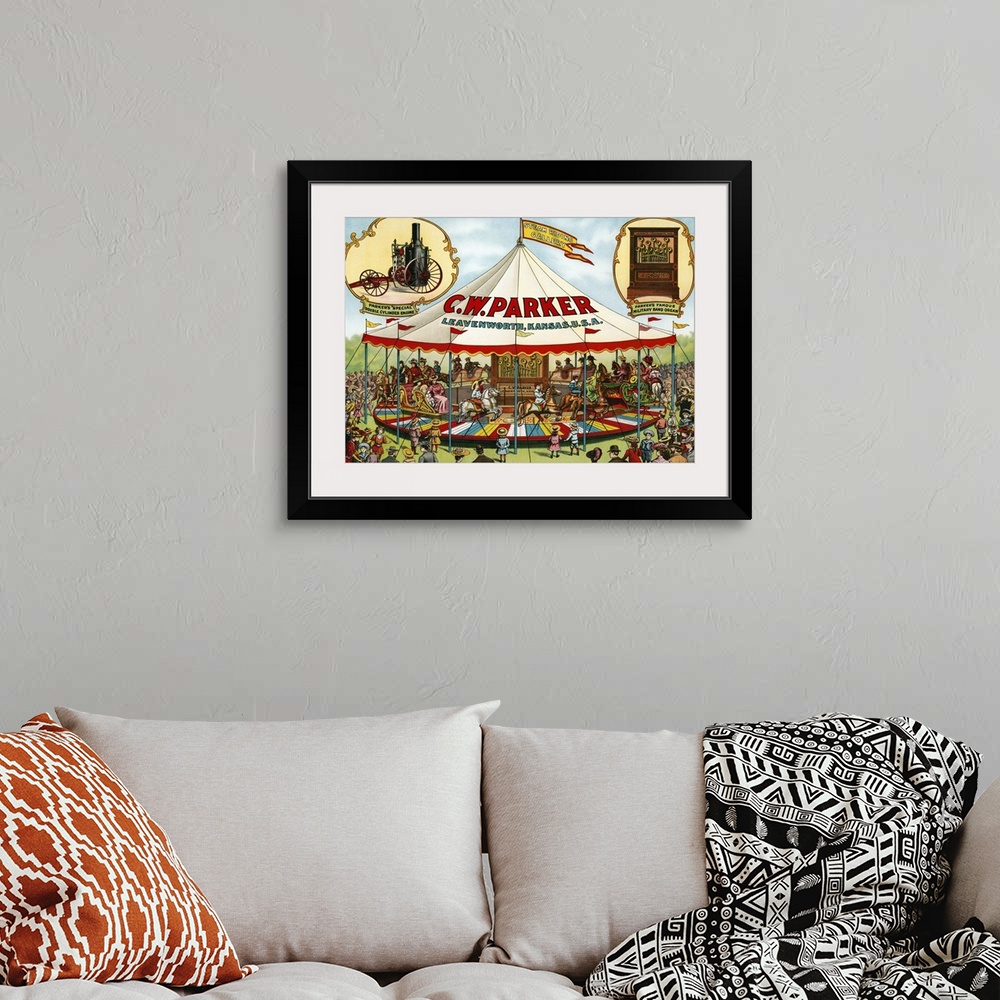 A bohemian room featuring Vintage circus poster of CW Parker Steam riding gallery Special double cylinder engine Military b...