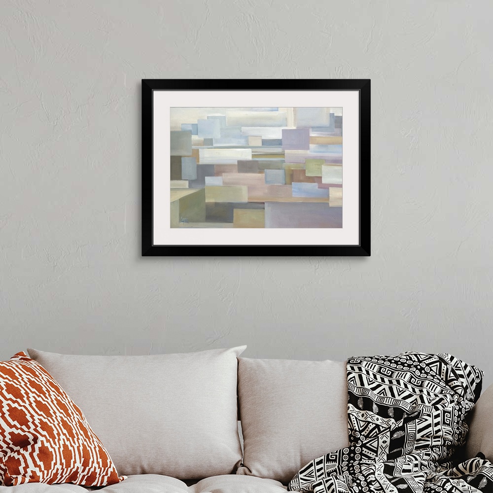 A bohemian room featuring Contemporary abstract painting using pale muted tones and geometric shapes.