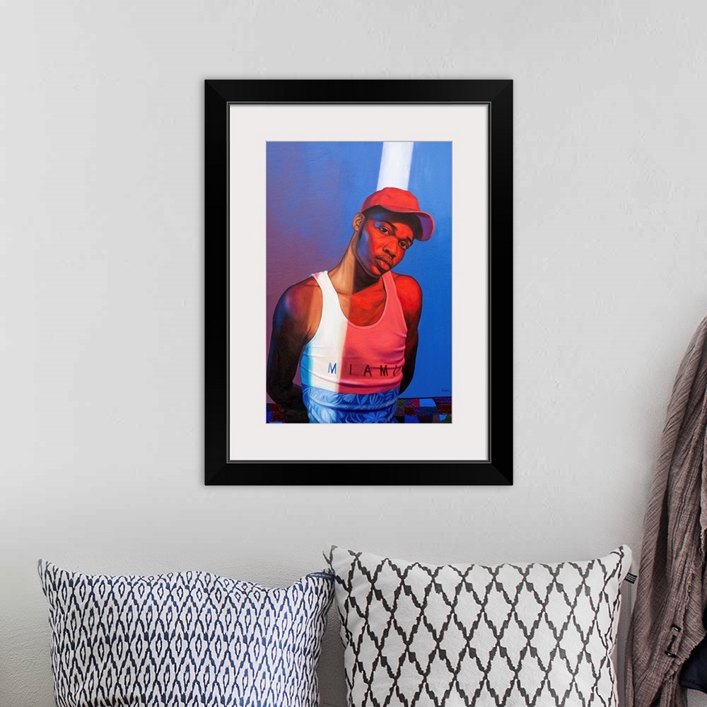 A bohemian room featuring A contemporary portrait of a young Black man in street clothes