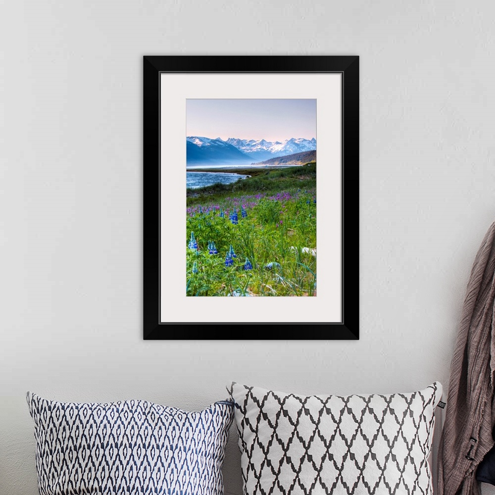 A bohemian room featuring This beautiful photograph is taken in Alaska with a view of snow capped mountains in the backgrou...