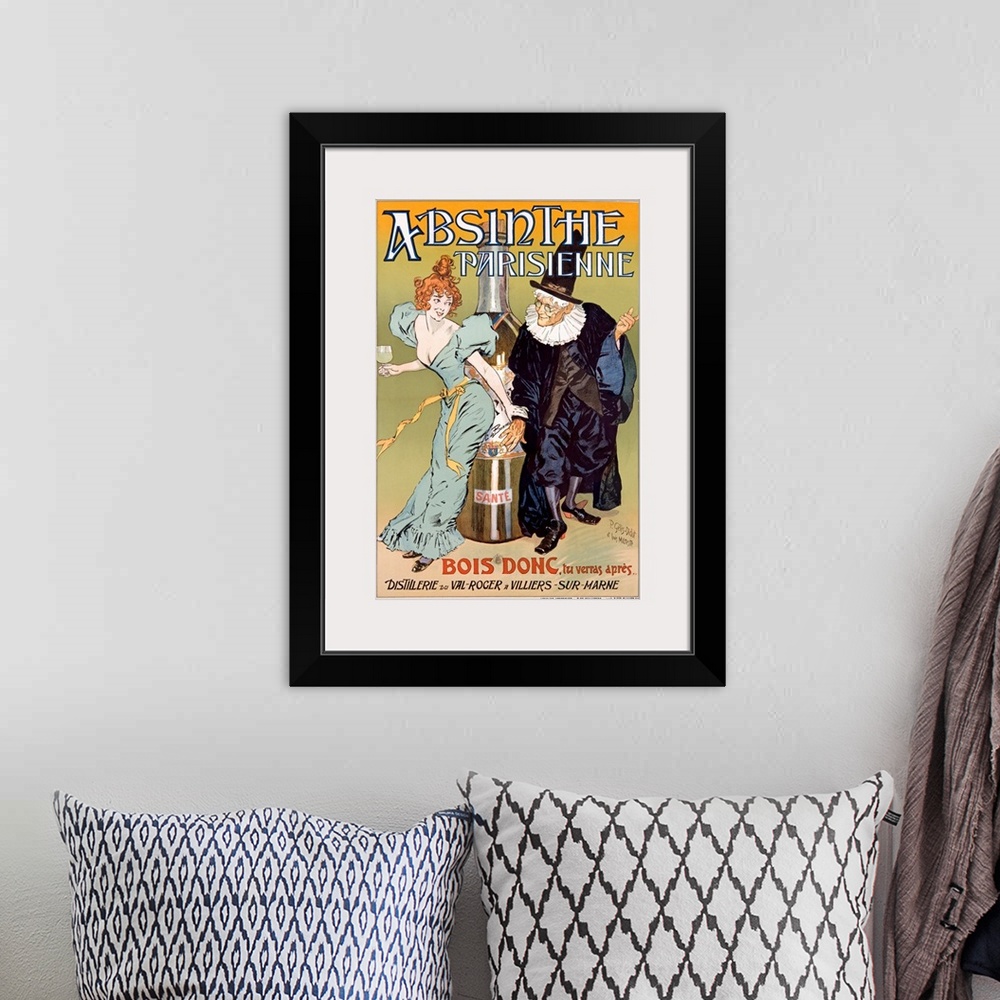 A bohemian room featuring Vertical, large vintage advertisement for Absinthe Parisienne of a young woman in a dress holding...