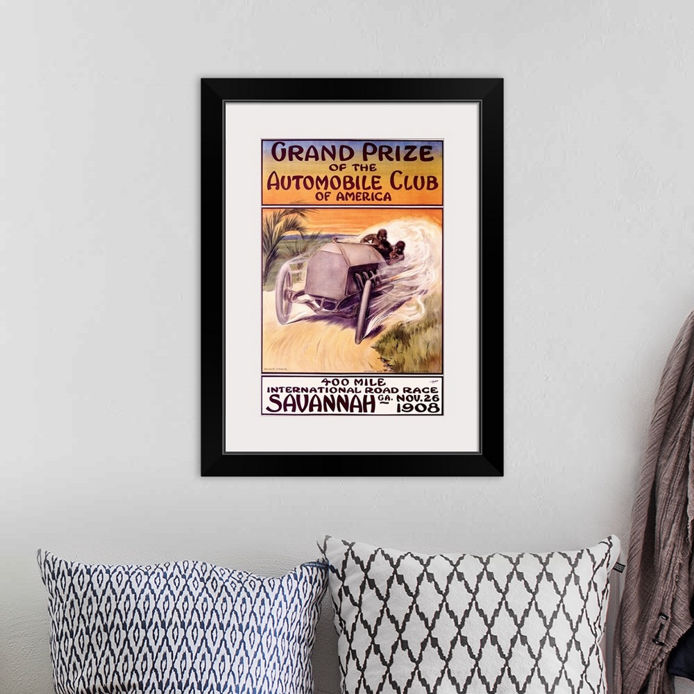 A bohemian room featuring International Road Race Savannah, Vintage Poster