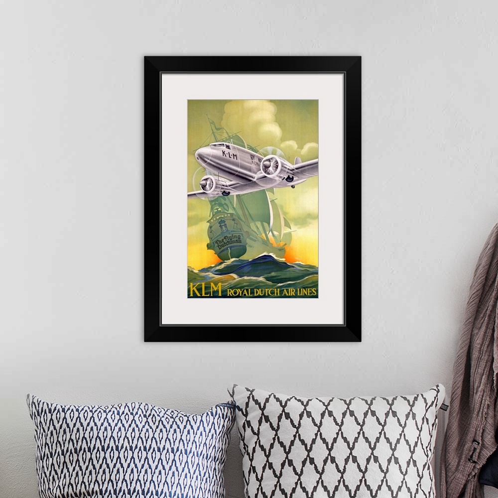 A bohemian room featuring Large antique art portrays an advertisement for a company offering airplane transportation.  In t...