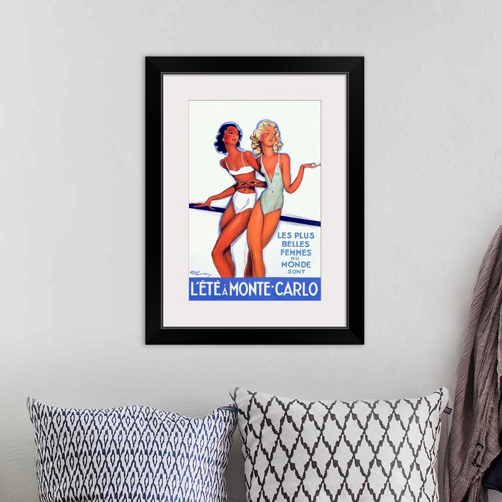 A bohemian room featuring A vintage painting of two women in bathing suits printed on canvas.