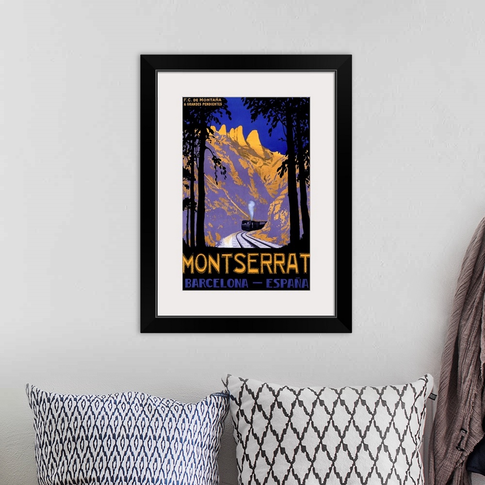 A bohemian room featuring Vertical, vintage advertisement on a large canvas for Montserrat, Barcelona Spain.  A steam train...