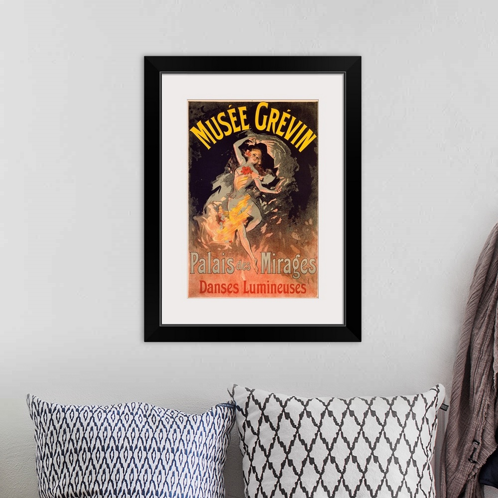 A bohemian room featuring This Art Nouveau poster is advertising an entertainment venue with a woman dancing on stage with ...