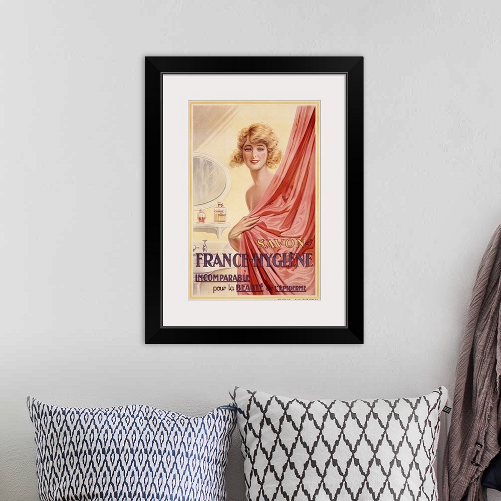 A bohemian room featuring Savon France Hygiene, Vintage Poster