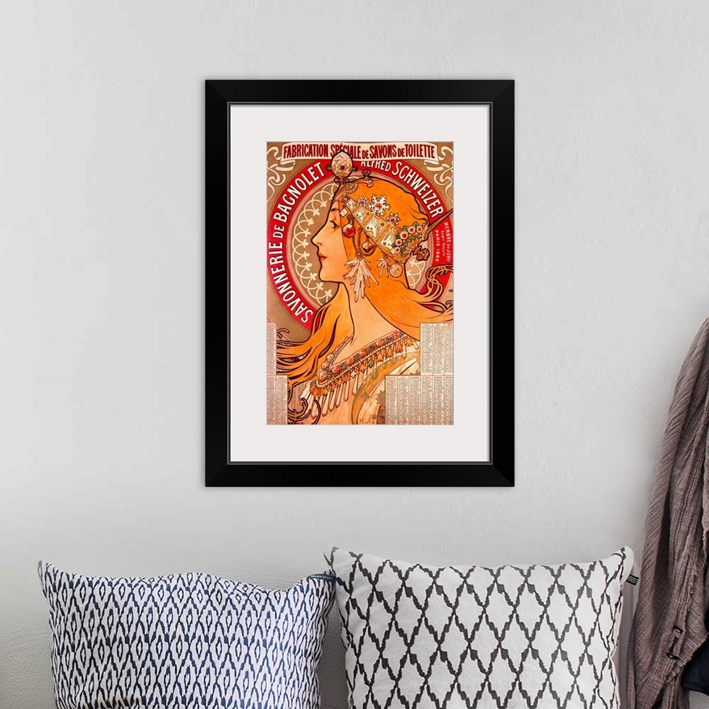 A bohemian room featuring Large, vertical vintage art poster with French text, of the profile of a woman with long golden h...