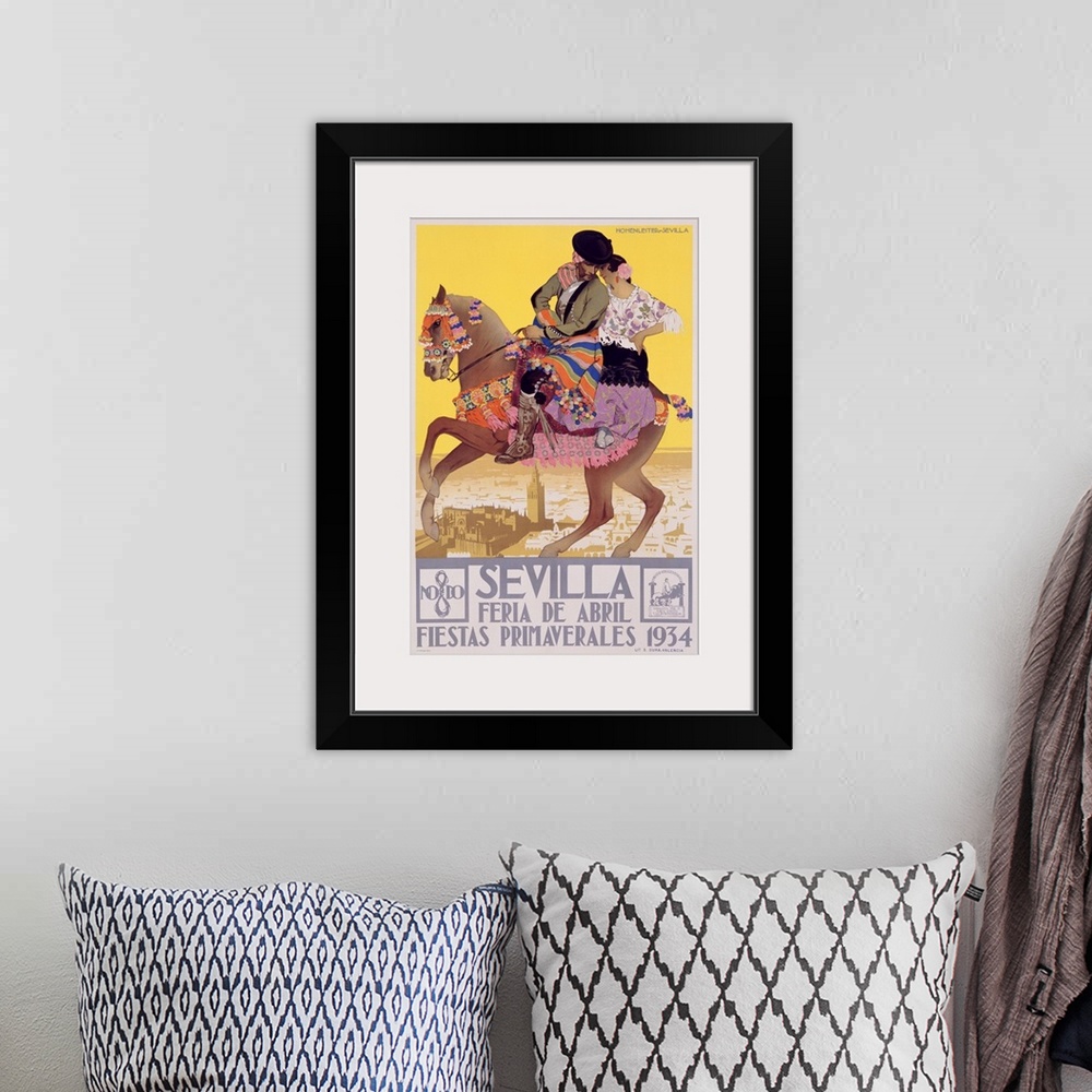 A bohemian room featuring Classic 1930's poster of a man and woman riding on a decorated horse with a city in the background.