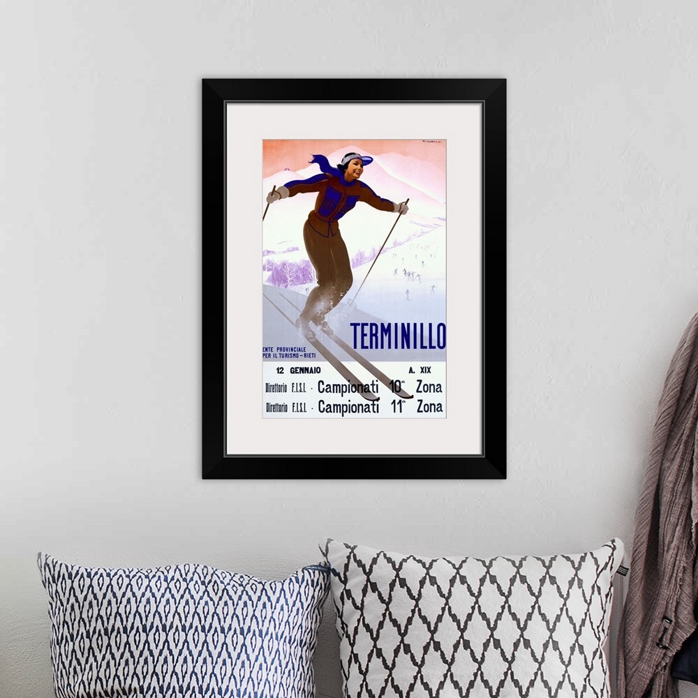 A bohemian room featuring Terminillo, Woman Skiing, Vintage Poster, by Giuseppe Riccobaldi