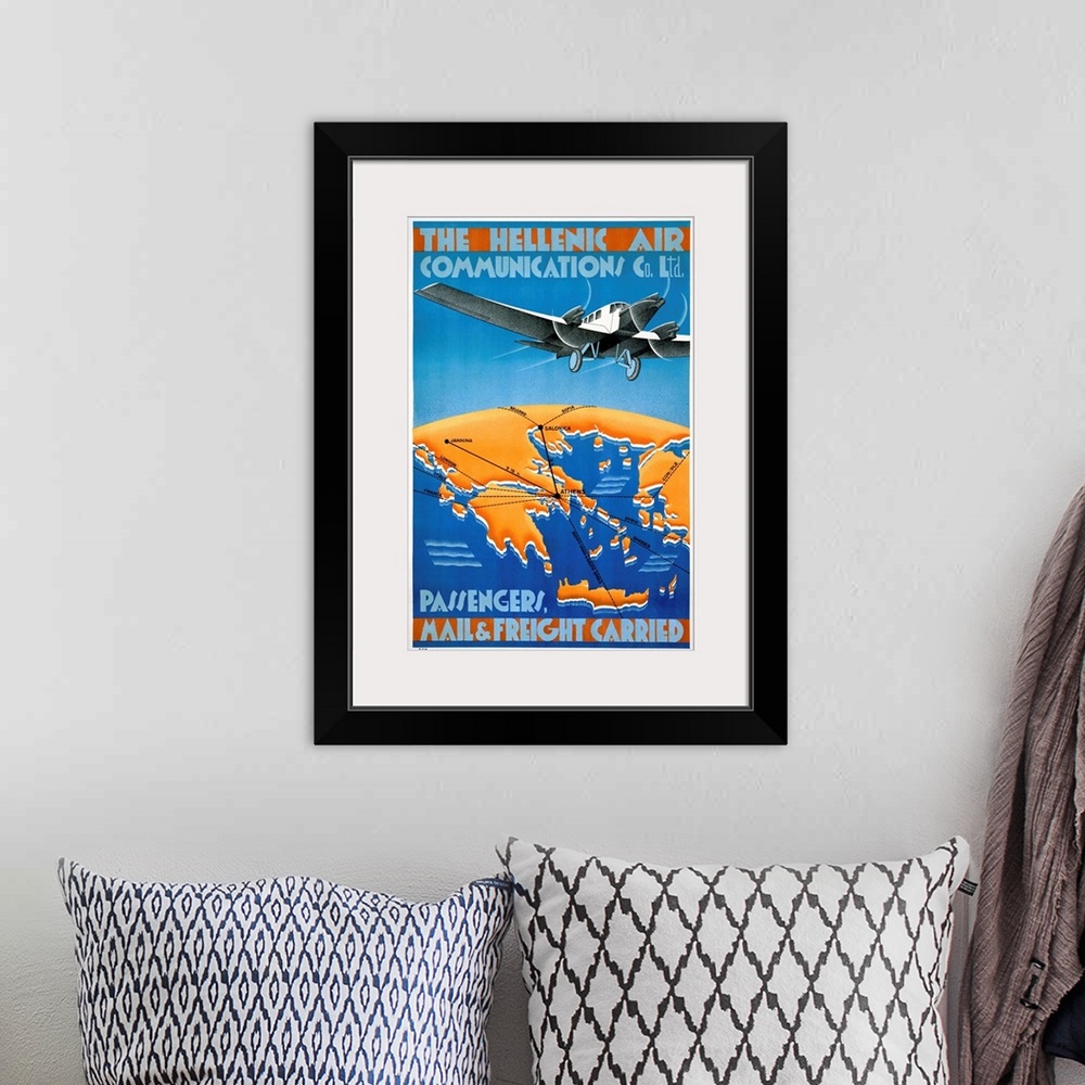 A bohemian room featuring The Hellenic Air, Mail & Freigh Carried, Vintage Poster