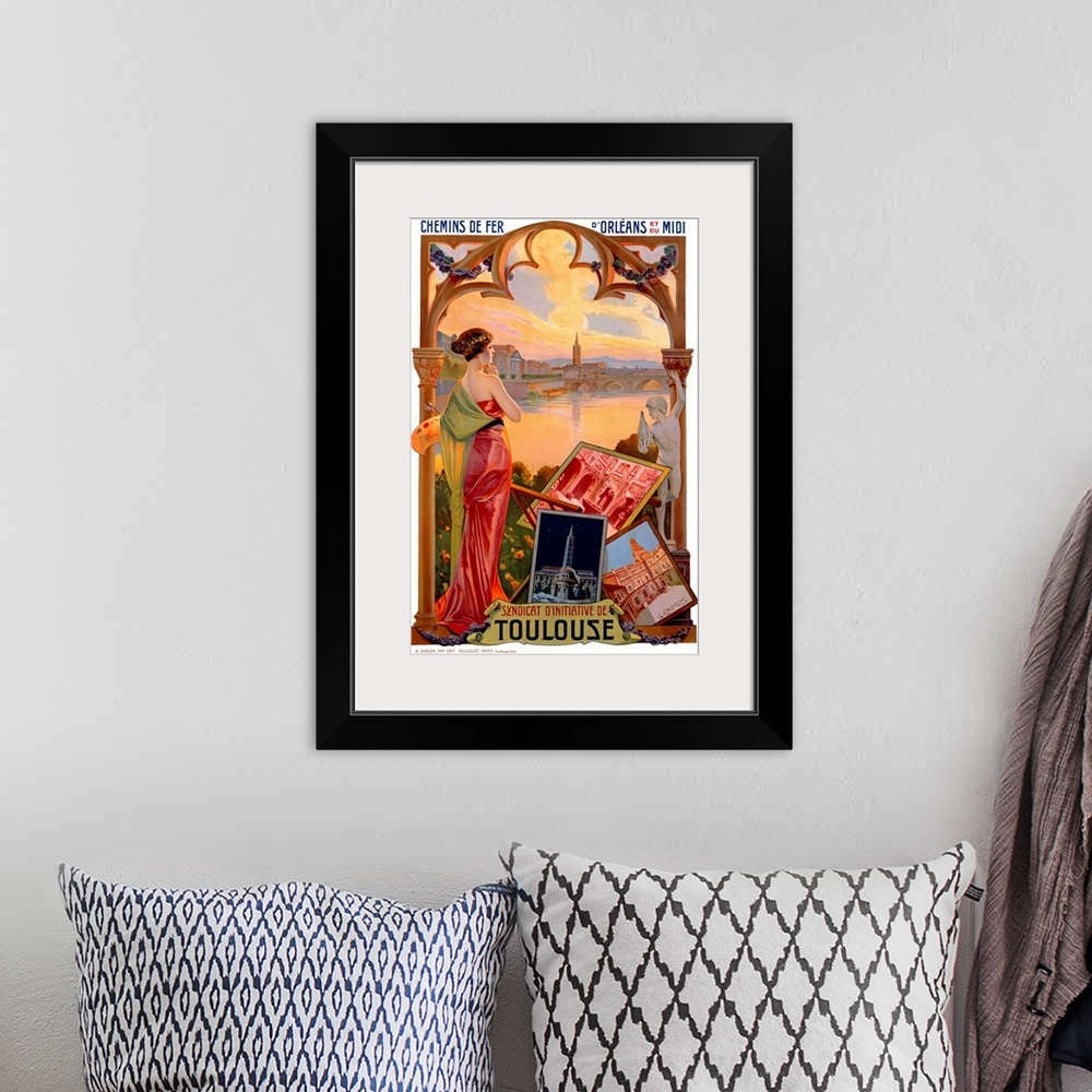 A bohemian room featuring Vintage artwork that shows a woman painting works of art with a view of a city on the water shown...
