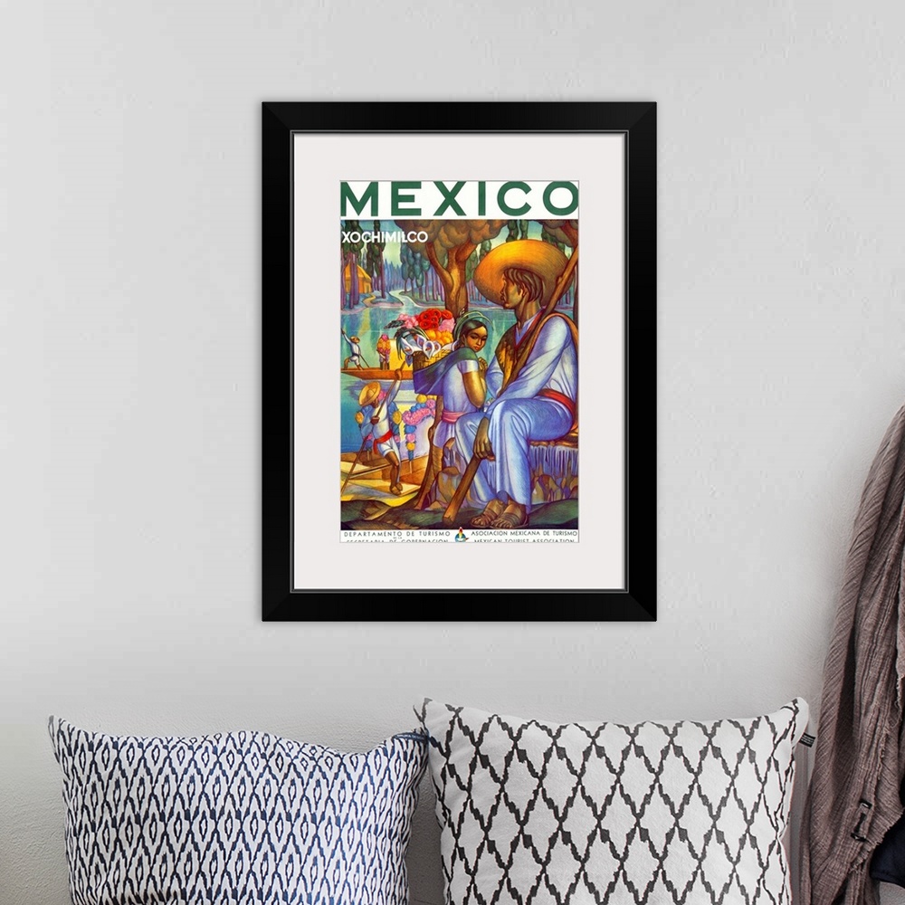 A bohemian room featuring Vintage Mexican tourist poster  with several men pushing boats through the water with long poles ...