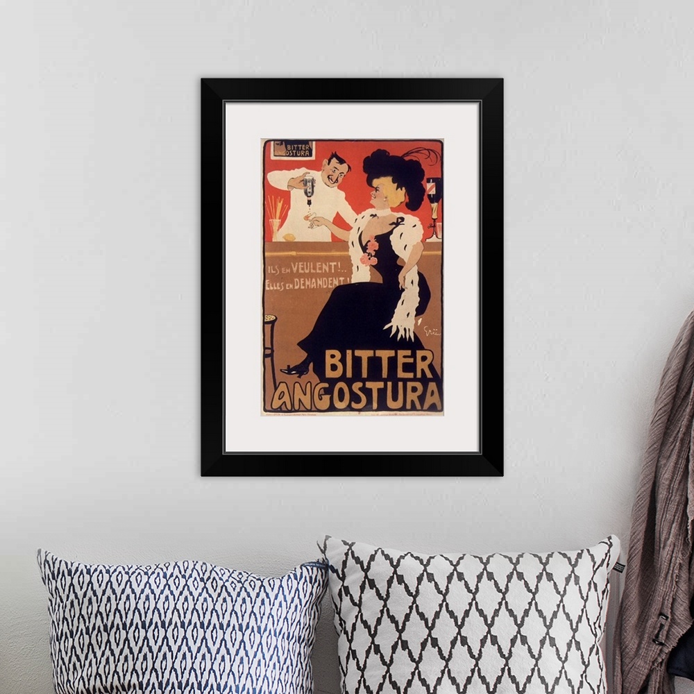 A bohemian room featuring Vintage poster advertisement for Angostora Bitters.