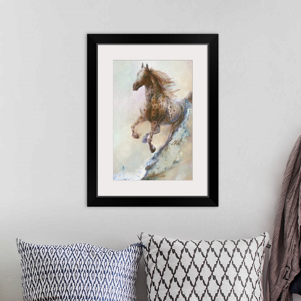 A bohemian room featuring A contemporary painting of a spotted horse running in full gallop.