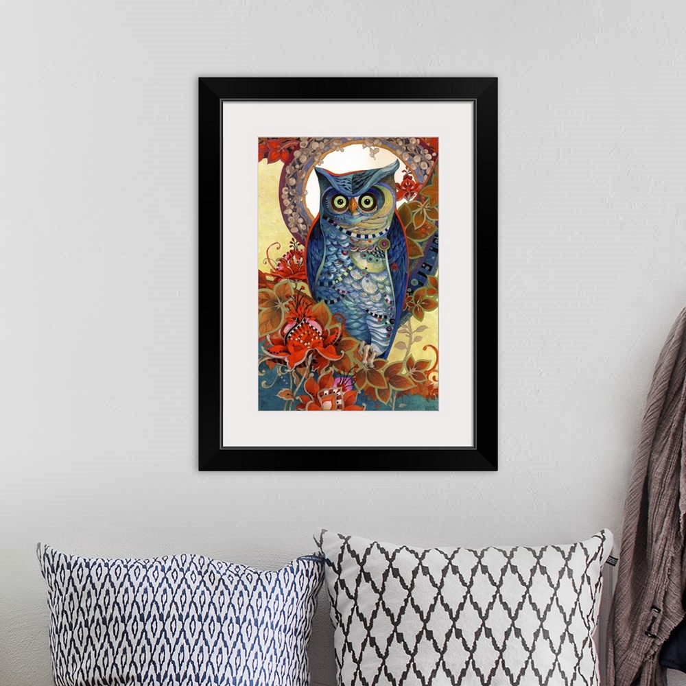 A bohemian room featuring Contemporary artwork of an owl gazing intently, surrounded by flowers.