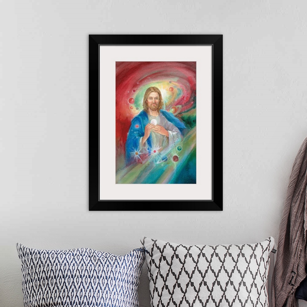 A bohemian room featuring Jesus with the planets and stars
