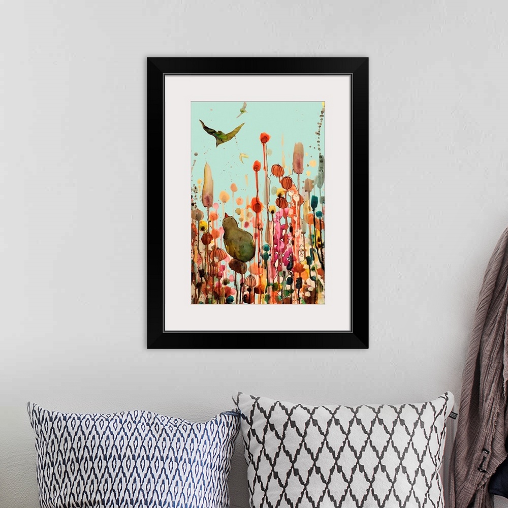 A bohemian room featuring Contemporary painting of a bird against a colorful background.