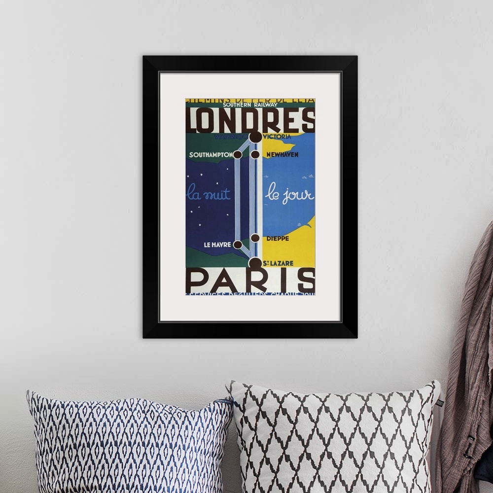 A bohemian room featuring Vintage poster advertisement for Londres Paris.