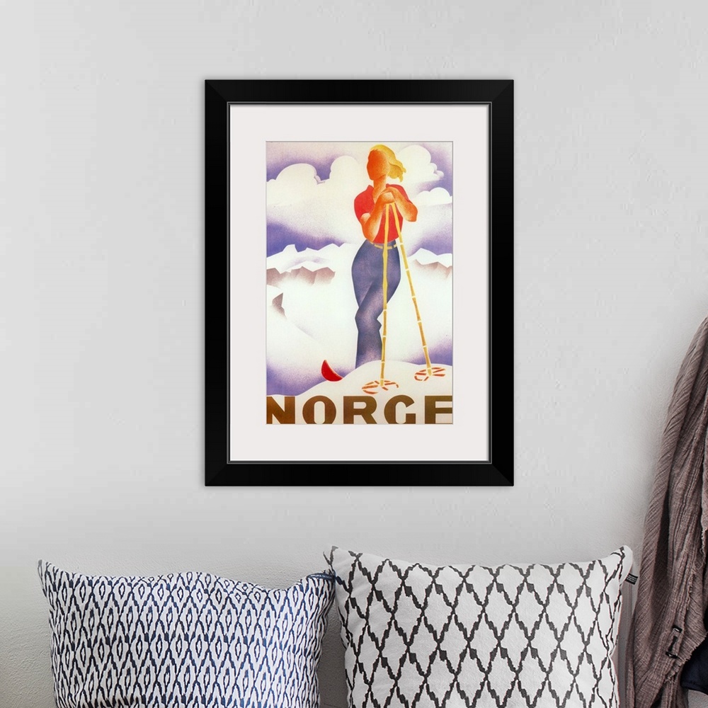 A bohemian room featuring Vintage poster advertisement for Norge.