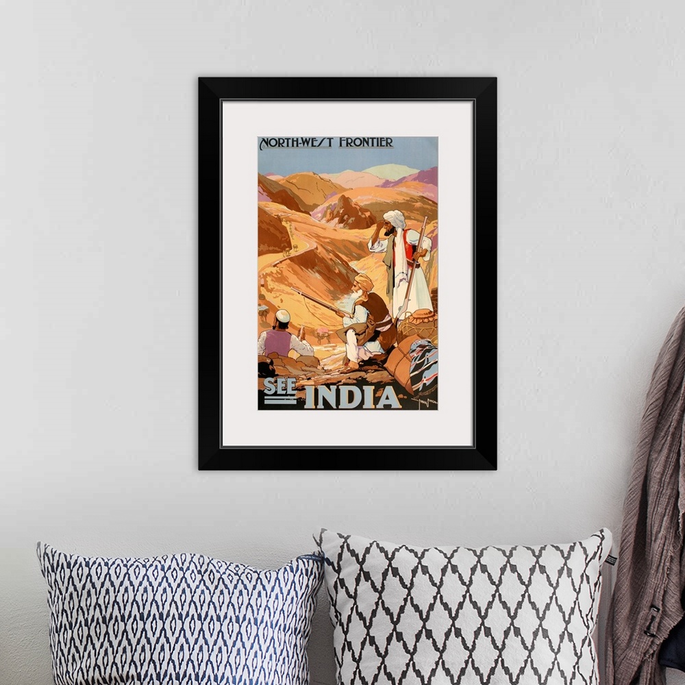 A bohemian room featuring Vintage Travel Poster for See India - the Northwest Frontier