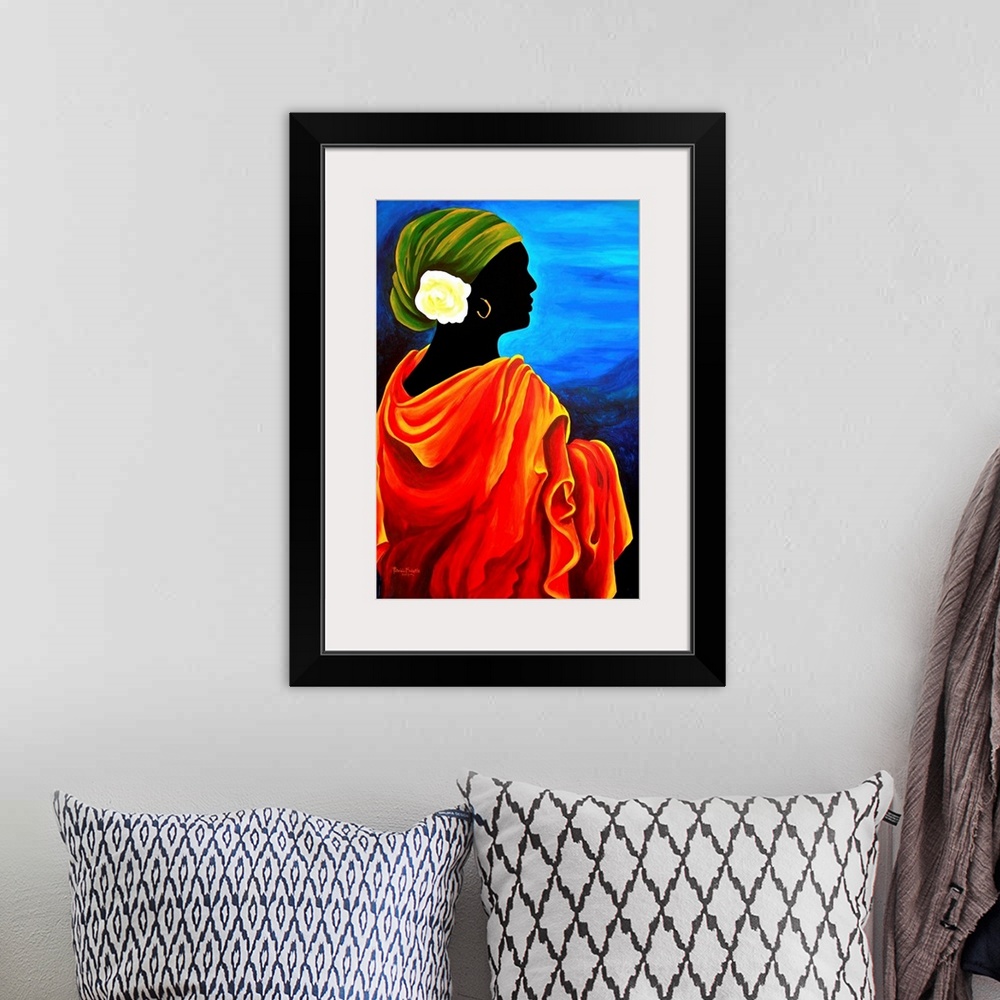 A bohemian room featuring Contemporary portrait of a Haitian woman wearing a headscarf with a flower.
