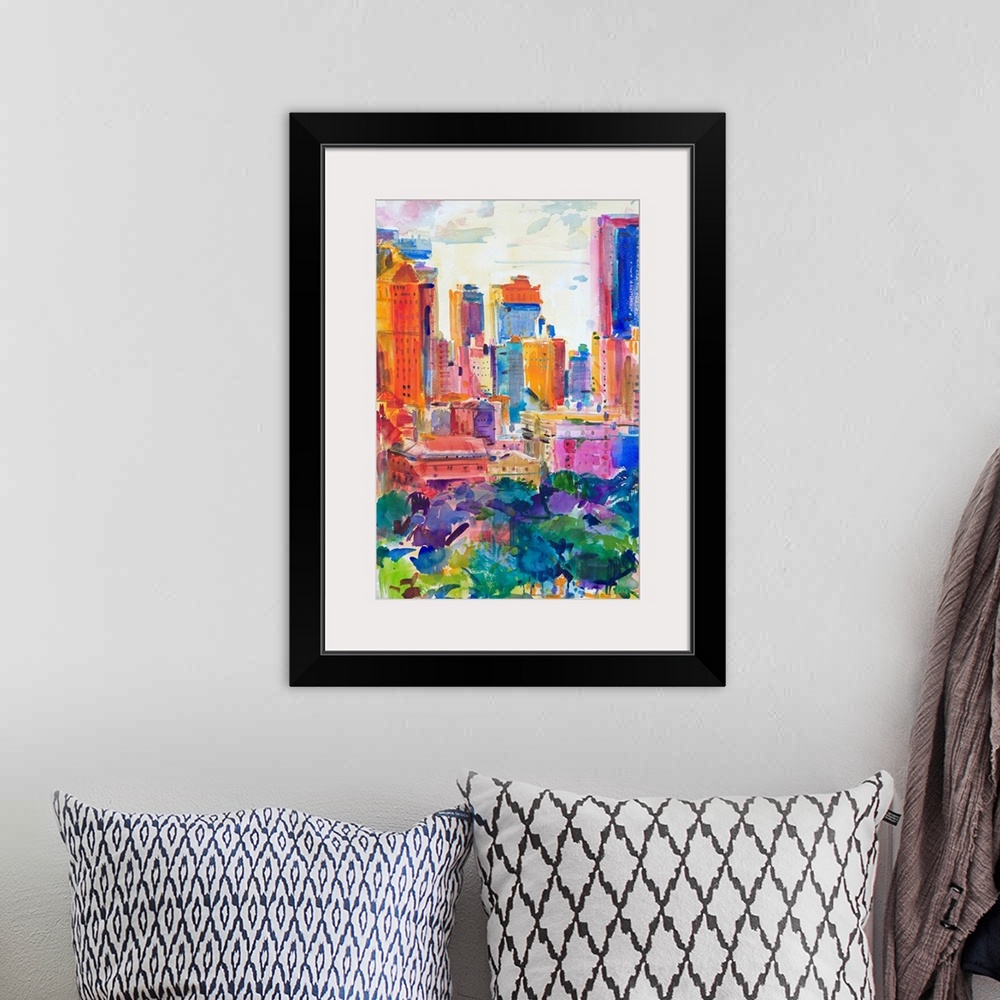 A bohemian room featuring Huge contemporary art portrays a section of the New York skyline sitting behind a famous urban re...