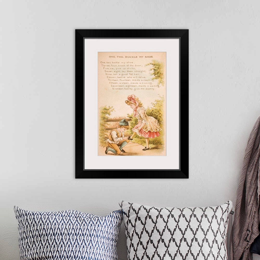 A bohemian room featuring Nursery rhyme and illustration of One Two Buckle My Shoe from Old Mother Goose's Rhymes and Tales...